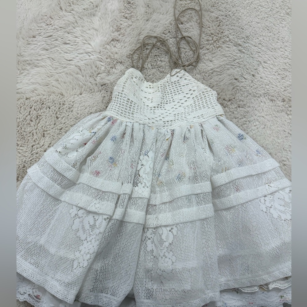 White Crochet Lace Halter Dress with Subtle Pastel Embroidery dress